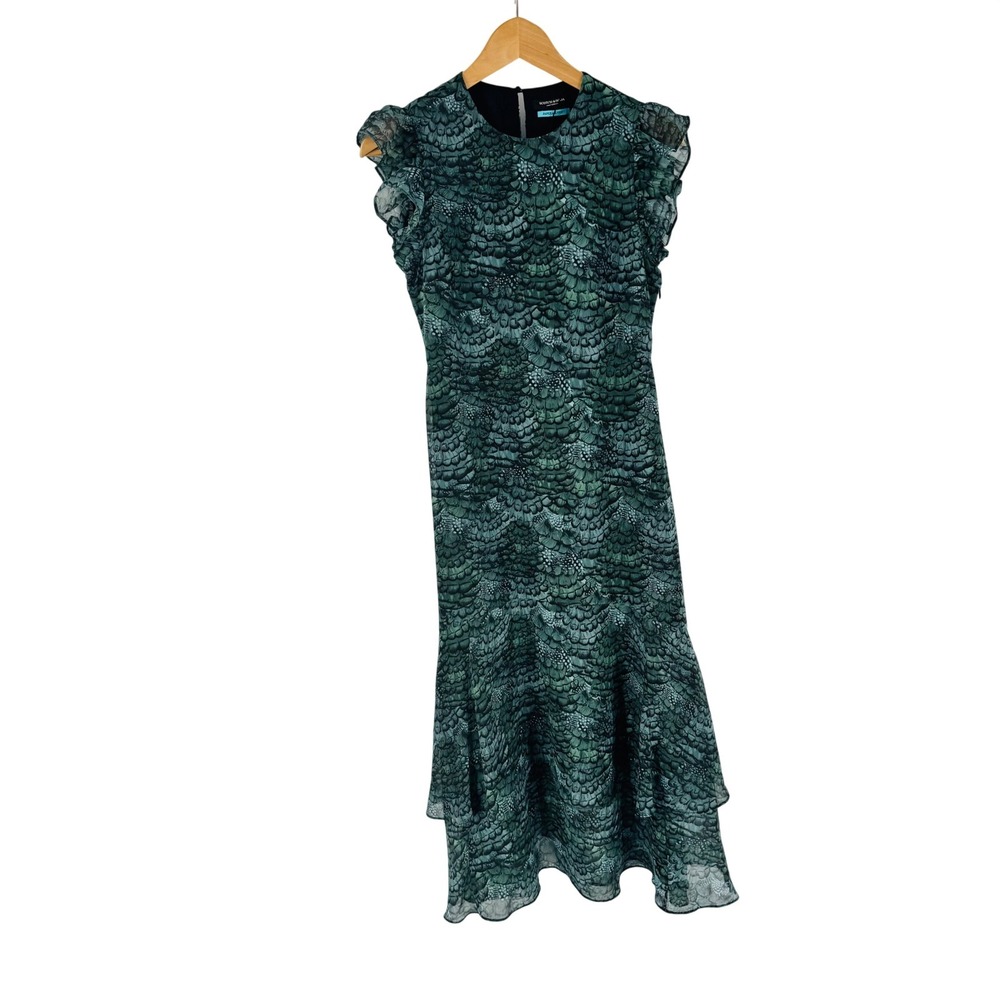 Scotch & Soda Midi Dress Flounce Hem Ruffle Sleeve Green Print Size 34